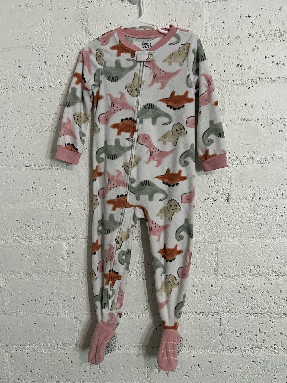 Carters Girls Footie Pajamas 3T Pink Dinosaurs Full Zip Fleece H10